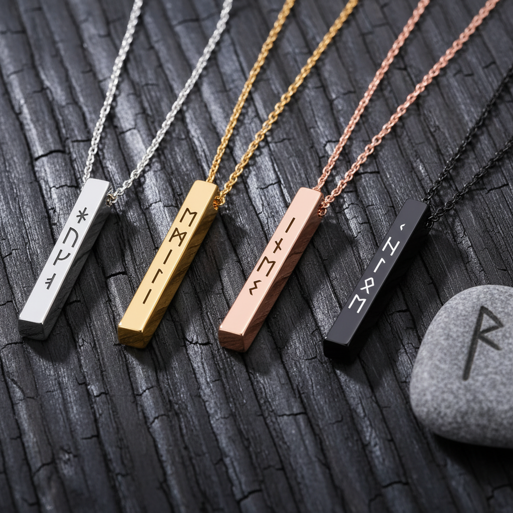 Viking Runes Engraved Bar Necklace for Women