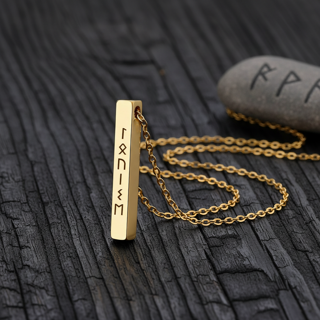 Viking Runes Engraved Bar Necklace for Women