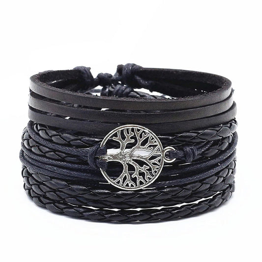 Bracelet Arbre de Vie Ethnique - Corde Tressé en Cuir, Bois et Perle