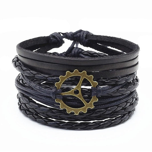 Bracelet Ethnique Roue du Temps - Corde Tressé en Cuir, Bois et Perle